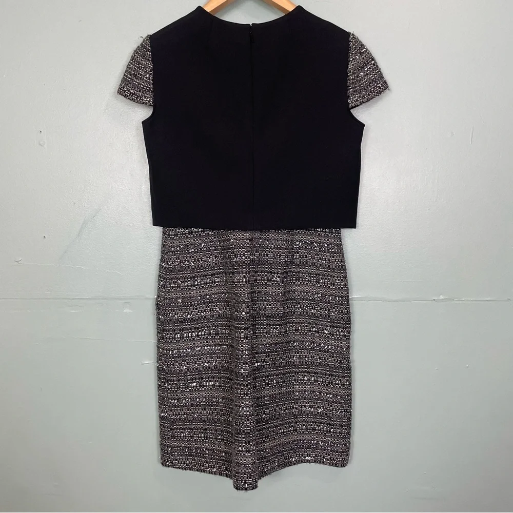 Tory‎ Burch Deandra Tweed Mock Crepe Detail Metallic Silver Mini Dress Size 4